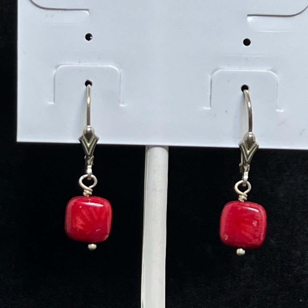 Sterling Silver And Red Glass Pierced Dangle Earrings (3649)